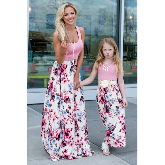 Pink Mom and Daughter Matching Sleeveless Floral Print Kid's Maxi Dress