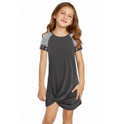 Gray Leopard Striped Splicing Twist Knot Kids Dress