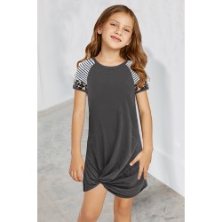 Gray Leopard Striped Splicing Twist Knot Kids Dress