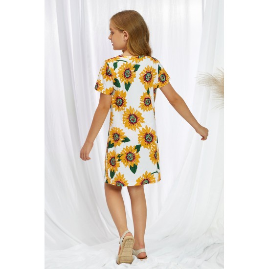 Sunflower Print Twist Knot V Neck Girl's Mini Dress