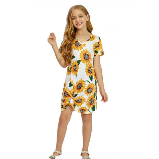 Sunflower Print Twist Knot V Neck Girl's Mini Dress