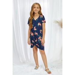 Blue Floral Print Twist Knot V Neck Girl's Mini Dress