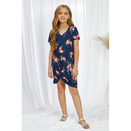 Blue Floral Print Twist Knot V Neck Girl's Mini Dress