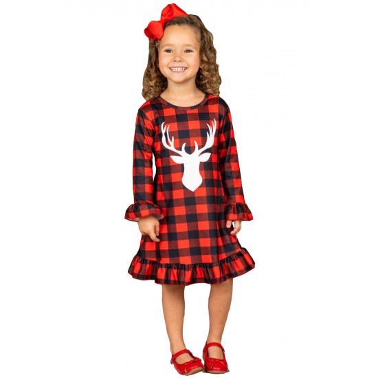 Girls Plaid Reindeer Graphic Ruffled Dress