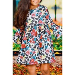 Girls Floral Leopard Long Ruffled Sleeve Dress