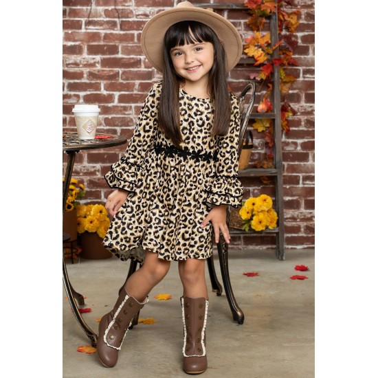 Girls Hi-lo Crochet Trim Ruffled Sleeve Leopard Dress