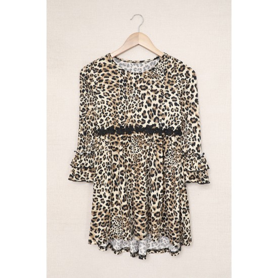 Girls Hi-lo Crochet Trim Ruffled Sleeve Leopard Dress