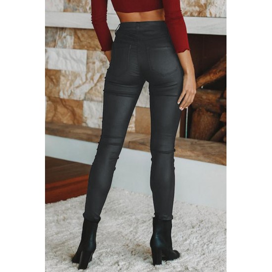 Black Leather Slim Fit Women Pants