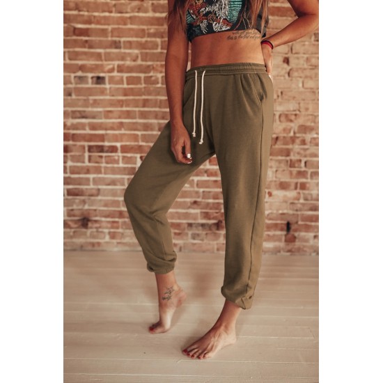 Khaki Drawstring Waist Pockets Sweatpants