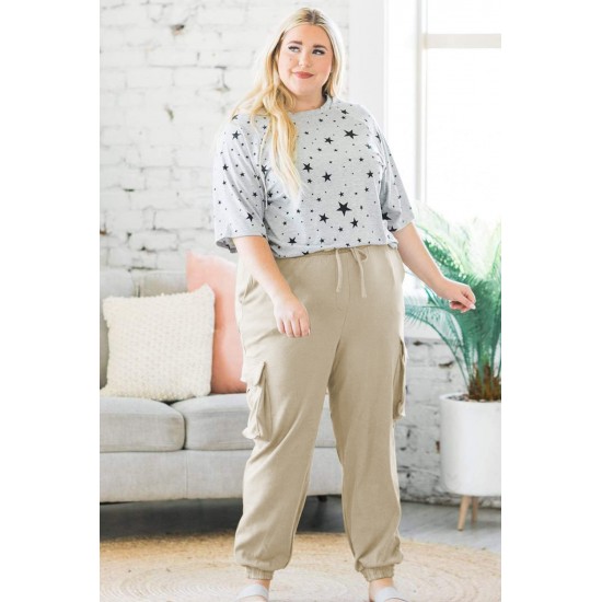 Khaki Elastic Waist Side Pocket Plus Size Jogger Pants