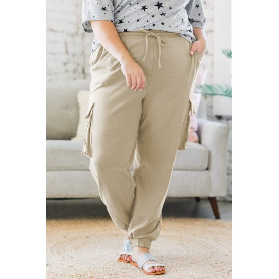 Khaki Elastic Waist Side Pocket Plus Size Jogger Pants