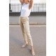 Khaki Drawstring Elastic Waist Pockets Long Straight Legs Pants