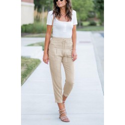 Khaki Drawstring Elastic Waist Pockets Long Straight Legs Pants