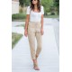 Khaki Drawstring Elastic Waist Pockets Long Straight Legs Pants