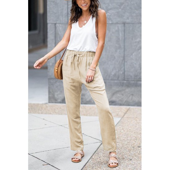 Khaki Drawstring Elastic Waist Pockets Long Straight Legs Pants