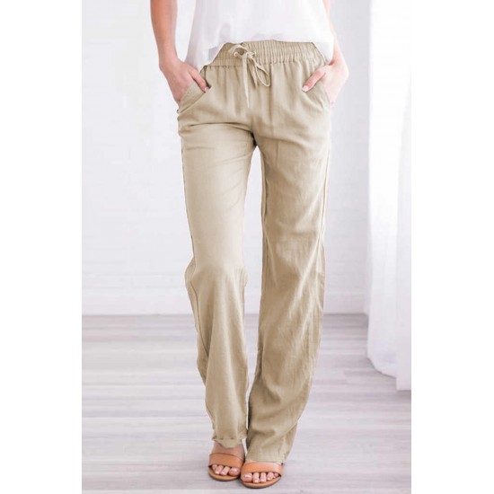 Khaki Drawstring Elastic Waist Pockets Long Straight Legs Pants