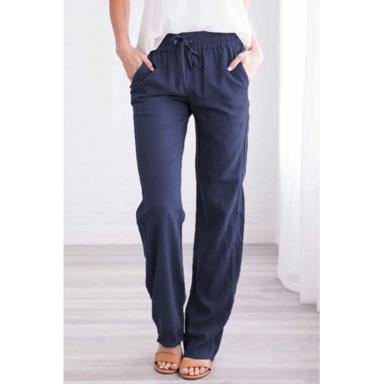 Blue Drawstring Elastic Waist Pockets Long Straight Legs Pants