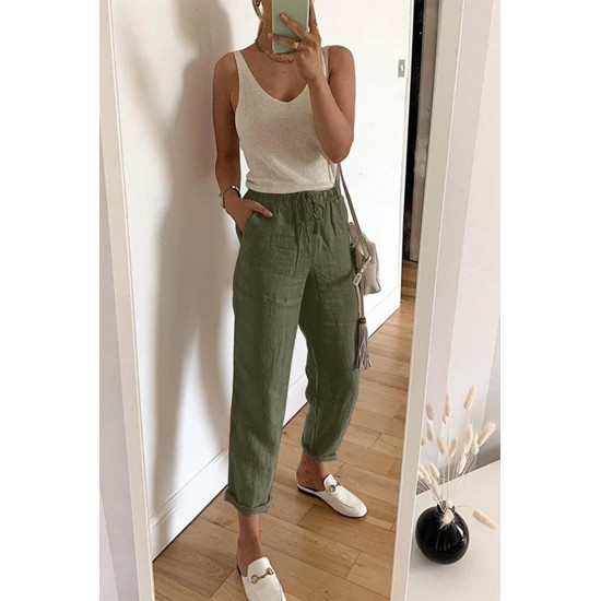 Green Drawstring Elastic Waist Pockets Long Straight Legs Pants