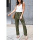 Green Drawstring Elastic Waist Pockets Long Straight Legs Pants