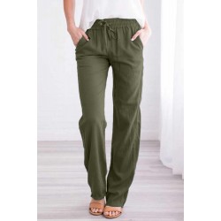 Green Drawstring Elastic Waist Pockets Long Straight Legs Pants