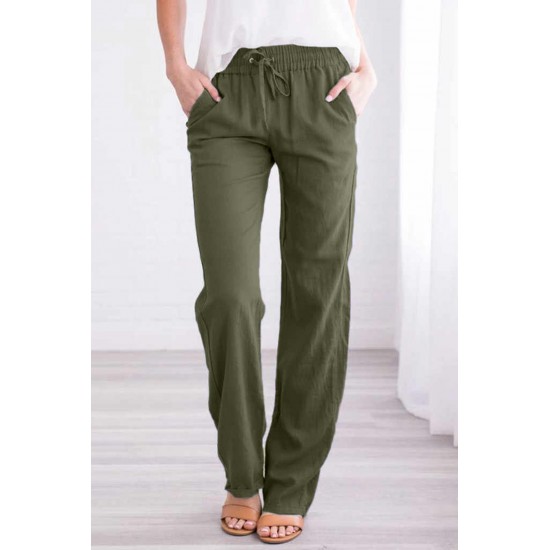 Green Drawstring Elastic Waist Pockets Long Straight Legs Pants