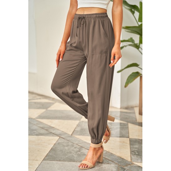 Brown Drawstring Elastic Waist Pull-on Casual Pants with Pockets