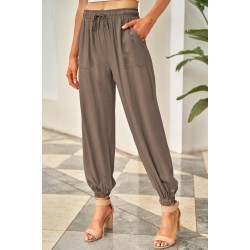 Brown Drawstring Elastic Waist Pull-on Casual Pants with Pockets