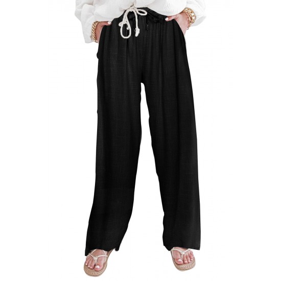 Black High Waist Drawstring Wide Legs Casual Pants