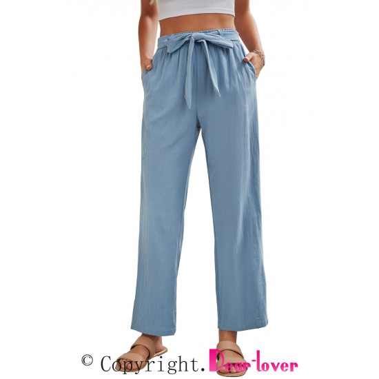 Sky Blue Elastic Waist Drawstring Wide Leg Pants