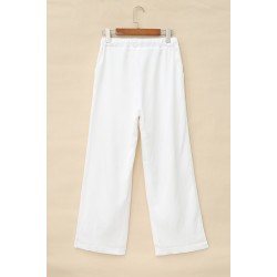 White Drawstring Waist Crinkled Wide Leg Pants