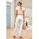 White Drawstring Waist Crinkled Wide Leg Pants