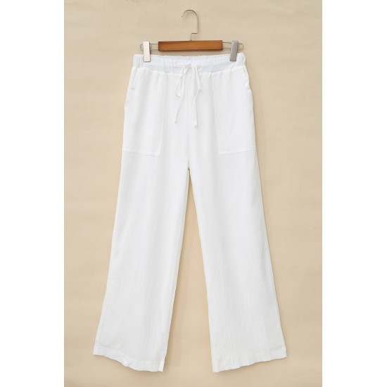 White Drawstring Waist Crinkled Wide Leg Pants