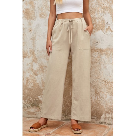 Khaki Drawstring Waist Crinkled Wide Leg Pants