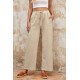 Khaki Drawstring Waist Crinkled Wide Leg Pants