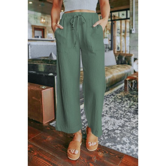 Green Drawstring Waist Crinkled Wide Leg Pants