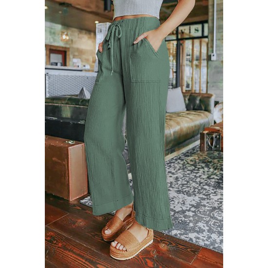 Green Drawstring Waist Crinkled Wide Leg Pants