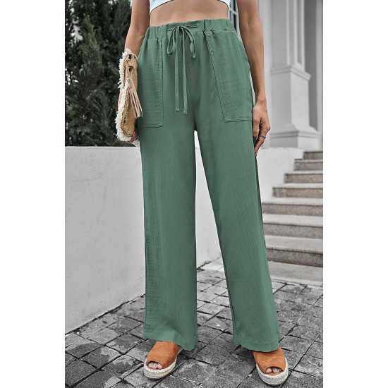 Green Drawstring Waist Crinkled Wide Leg Pants