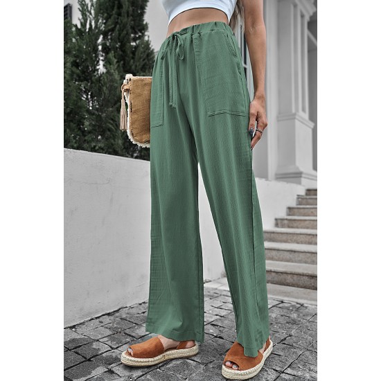 Green Drawstring Waist Crinkled Wide Leg Pants