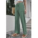 Green Drawstring Waist Crinkled Wide Leg Pants