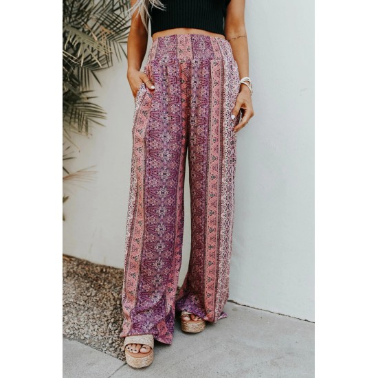 Purple Smocked Printed Wide Leg Pants