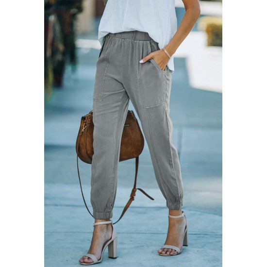 Gray Casual Pocketed Elastic Waist Joggers