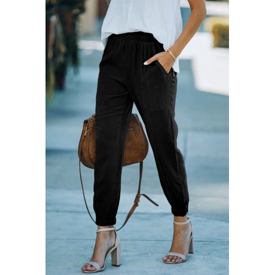 Black Casual Pocketed Elastic Waist Joggers