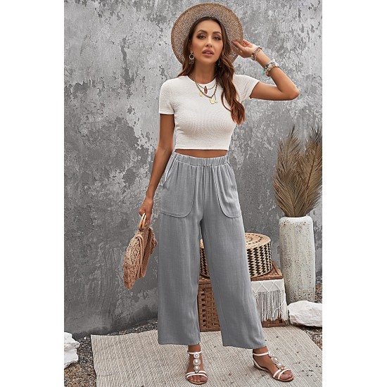 Gray Casual Wide Legs Pants with Pockets