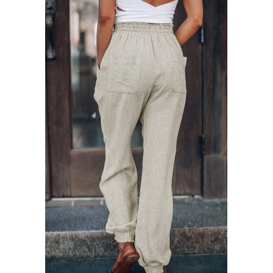 Beige Casual Drawstring High Waist Pockets Joggers