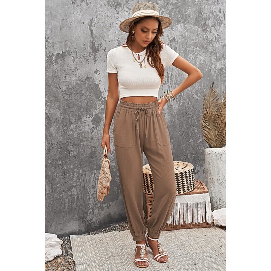 Brown Casual Drawstring High Waist Pockets Joggers