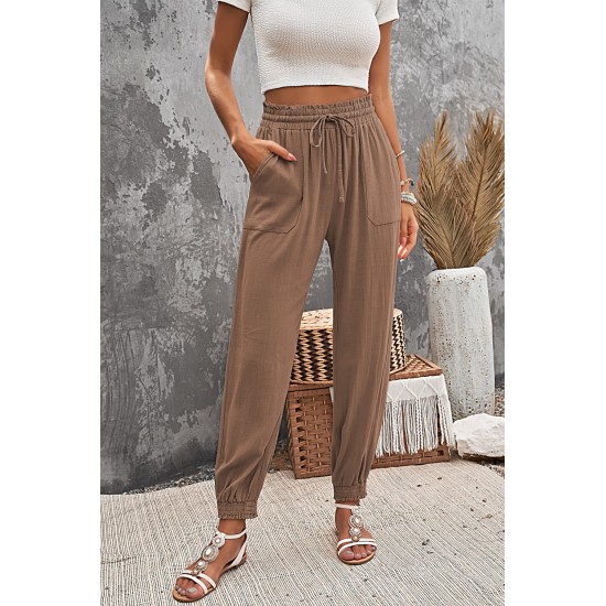 Brown Casual Drawstring High Waist Pockets Joggers