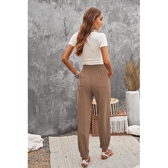 Brown Casual Drawstring High Waist Pockets Joggers