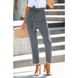 Gray Casual Paperbag Waist Straight Leg Pants with Belt