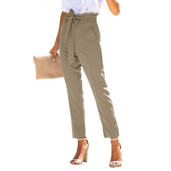 Khaki Casual Paperbag Waist Straight Leg Pants with Belt