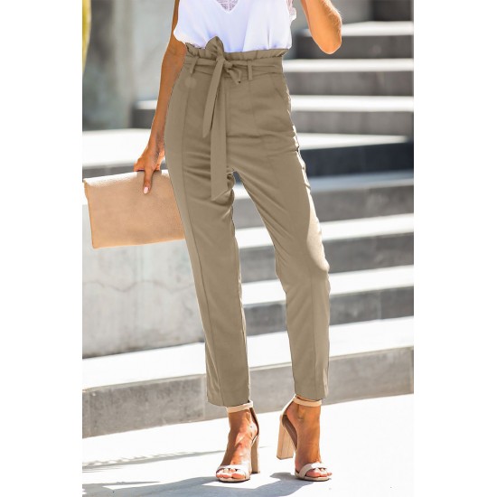 Khaki Casual Paperbag Waist Straight Leg Pants with Belt